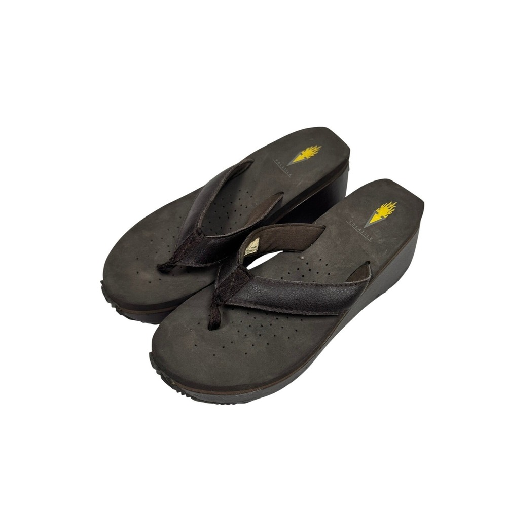 Volatile Brown Leather Platform Flip Flops Wedge Y2K Flame Logo Sandals Size 8